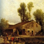 La casa natale di Giuseppe Verdi a Roncole in un olio su tela di Angelo Formis, sec. XIX (Museo teatrale alla Scala di Milano)
